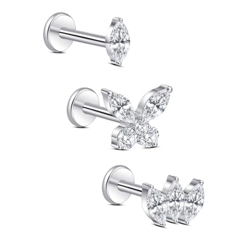 limerencia Titanium Internally Threaded Flat Back Earrings, 3 Pcs Implant Grade Hypoallergenic Studs, 18G Tragus Helix Conch Cartilage Piercing Jewelry for Sensitive Ears Women Men, Gold/Silver - color: Silver-Vibe C