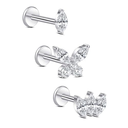limerencia Titanium Internally Threaded Flat Back Earrings, 3 Pcs Implant Grade Hypoallergenic Studs, 18G Tragus Helix Conch Cartilage Piercing Jewelry for Sensitive Ears Women Men, Gold/Silver - color: Silver-Vibe C