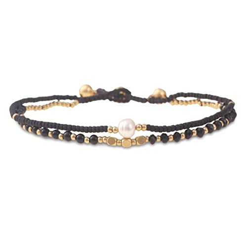 Made by Nami Boho Surfer Anklet Waterproof & Adjustable Beaded Anklets for Women Beachy Ankle Bracelet Made from Waxed Cotton Rope and Beads for Summer and Hippie Style - color: Black Pearl