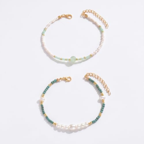 Pearl Beaded Anklet for Women Boho Rice Pearl Ankle Bracelet Adjustable Delicate Stackable Summer Beach Bikini Vacation Party Jewelry