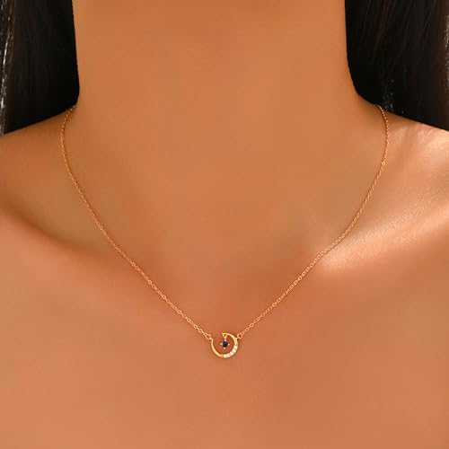 925 Sterling Silver Dainty Crescent Moon Necklace for Women | 14K Gold Plated White Cubic Zirconia Moon and Star Pendant Choker Necklace to Daughter Mother Trendy Wedding Jewelry Gifts - color: Gold C