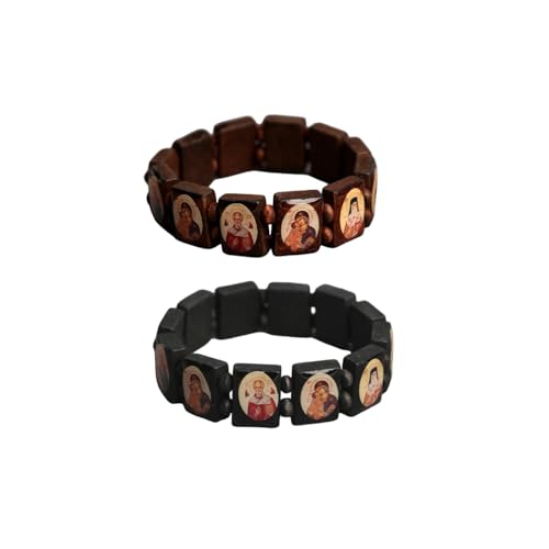2/4 Pcs Wooden Jesus Virgin Mary Bracelet Saints Rosary Stretch Adjustable Wooden Small Panel Bracelet Religious Saints Jesus Gift for Women Men - color: 2 pcs