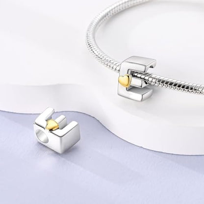 Two-Tone Gold Heart S925 Silver Letter Charm Fits Pandora Bracelet Necklace | Initial Bead Two-Tone Gold Heart, DIY European Bracelet Accessory, Gift for Ladies Birthday Anniversary Valentine - style: E