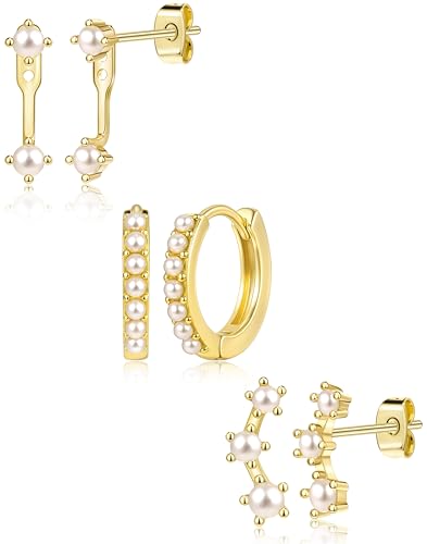 3 Pairs Dainty Small Earrings Set for Women Trendy, Birthstone Stud Huggie Hoop Jacket Stack for Cartilage Helix, Gold Plated Hypoallergenic Cute Women Fashion Accessories Western Jewelry Gifts - color: Created Pearl-Gold