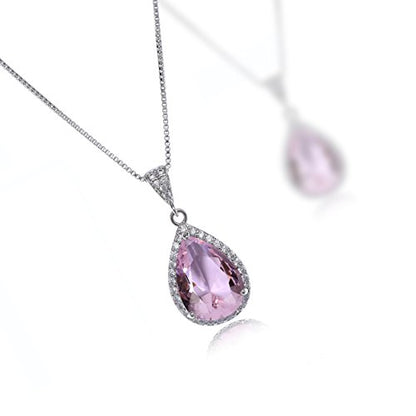 Elegant Jewelry Set for Women Silver Teardrop CZ Drop Earrings and Necklace | Square Teardrop Cubic Zirconia Rhinestone Jewelry Sets Bridal Jewelry Sets for Wedding Bride Bridesmaids Mother of Bride - style: Guardian Angel (Pink)