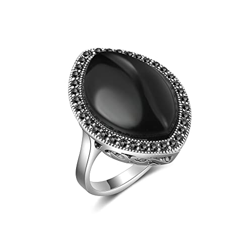 Mytys Retro Vintage Cocktail Statement Ring Black Marcasite & Crystal Rings for Women Antique Silver Big Black Onyx Stone Ring - color: Silver 2