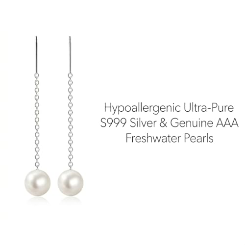 3-Pair S999 Sterling Silver Real Pearl Threader Earrings for Women