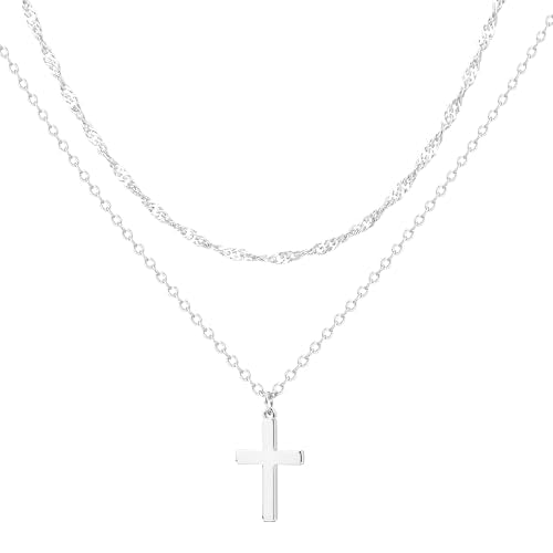 Zalcon Cross Necklace for Women, Gold Plated/Sterling Silver Plated Layered Choker Pendant Necklaces for Women Stack Jewelry for Women Trendy - style: Silver