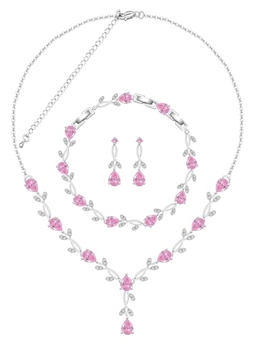 Jewelry Set for Women Bride Bridesmaid Wedding Party Prom Necklace Earrings Bracelet Set Gift for Mother Wife Friend - color: Pink