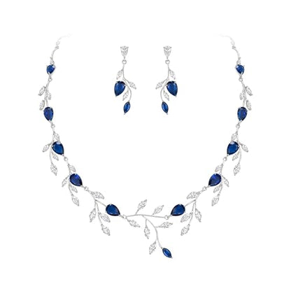 Cubic Zirconia Leaf Vine Wedding Jewelry Set for Bride Women Bridesmaid | Pear-Shaped Birthstone, Necklace Dangle Earrings for Bridesmaid, Silver-Plated-Brass - color: 2pcs_Sapphire Blue