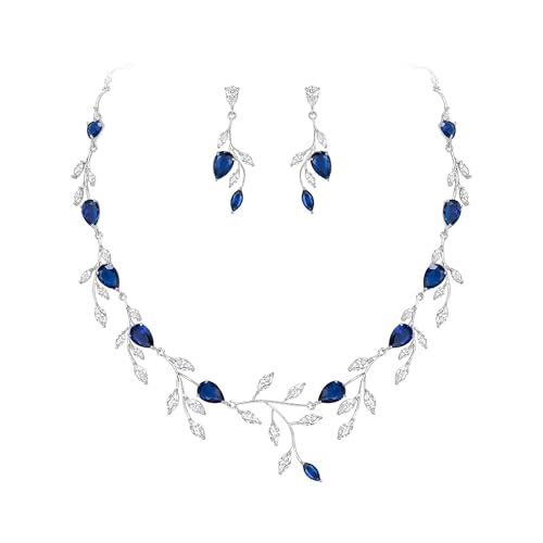 Cubic Zirconia Leaf Vine Wedding Jewelry Set for Bride Women Bridesmaid | Pear-Shaped Birthstone, Necklace Dangle Earrings for Bridesmaid, Silver-Plated-Brass - color: 2pcs_Sapphire Blue