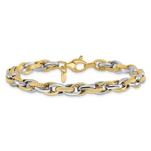 14K Two-tone Gold Polished and Textured Fancy Link Chain Bracelet 7.5"