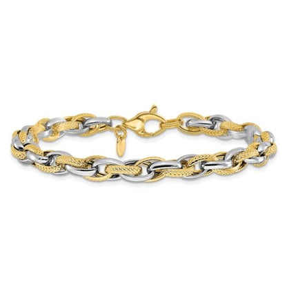 14K Two-tone Gold Polished and Textured Fancy Link Chain Bracelet 7.5"