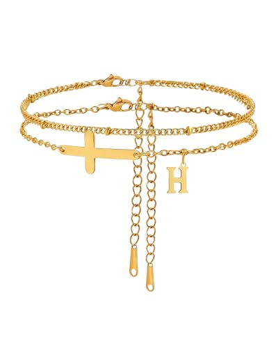 Layered Cross Initial Ankle Bracelets for Women Waterproof 14K Gold Plated Non Tarnish Stainless Steel Stacking Letter Charm Anklets Summer Beach Foot Jewelry Gift - color: gold