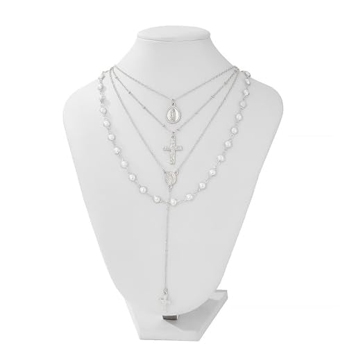 Silvery Layered Necklace for Women, Y Necklace with Cross Pendant, Dainty Stackable Jewelry Gift for Everyday Wear - style: 4PCS - Maria&Cross&Cross Y Chain&Pearl Chain