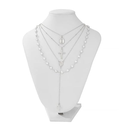Silvery Layered Necklace for Women, Y Necklace with Cross Pendant, Dainty Stackable Jewelry Gift for Everyday Wear - style: 4PCS - Maria&Cross&Cross Y Chain&Pearl Chain