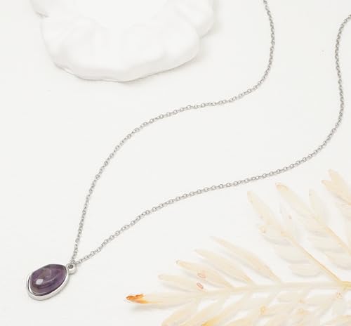 Stone Pendant Necklaces Gemstone Dangle Necklace 18K Gold Plated Teardrop Pendant Necklace for Women - color: Purple Silver