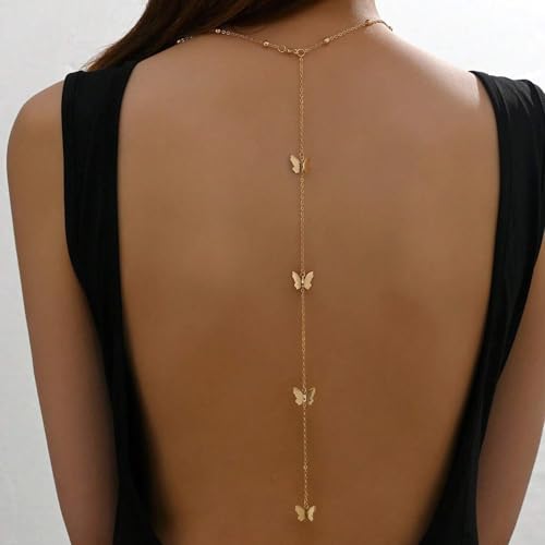 Body Chain Jewelry for Women Rhinestone Back Chain Necklace for Backless Dress Backdrop Chain Necklaces for Women - color: Butterfly