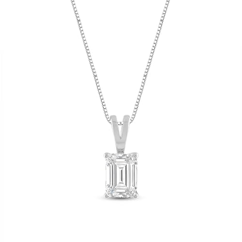 Everyday Elegance Solid 14K Gold Cubic Zirconia Solitaire Pendant Necklace for Women Heart, Princess, Round, Oval, Emerald, Pear & Cushion Cut 1 or 2 CTW | .60mm Thick 16" 18" Length Box Link Chain - color: 14K White Gold, size: 18 " Chain (0.60 mm Thick)