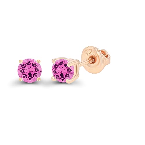 14K Gold Plated 925 Sterling Silver Hypoallergenic 4mm Round Genuine Birthstone Solitaire Screwback Stud Earrings - color: Pink Sapphire Created