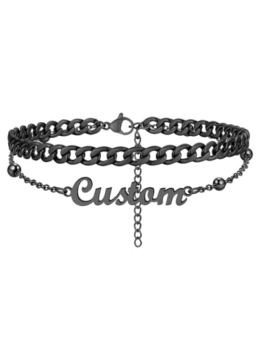 Custom4U Custom Name Anklet Bracelets for Women Waterproof Beaded/Figaro/Cuban/Rope/Wheat Chain Anklet Stackable Gold Plated Non Tarnish Custom Beach Gift Barefoot Summer Jewelry for Her - color: B03-Black Cuban Chain