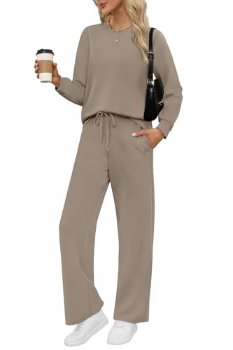WIHOLL Lounge Sets for Women 2 Piece Travel Vacation Outfits Fall 2026 Sweatsuit Tracksuit - color: B-light Coffee, size: XX-Large