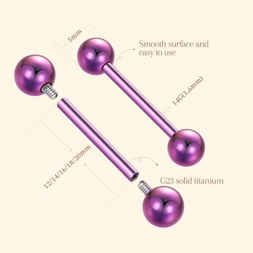 AROWRO Nipple Piercing Jewelry G23 Titanium Nipple Rings Tongue Rings Nipple Bar 14G Internally Threaded Straight Barbells Bridge Piercing Jewelry 12mm-20mm - color: Purple