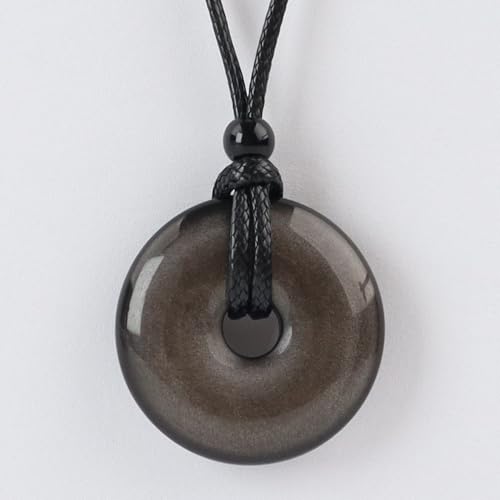 FANASY Natural Gemstone Pendant Necklce Lucky Coin Crystal Necklace Protection Donut Pendnat with Adjustable Rope for Men Women - color: Silvery Sheen Obsidian