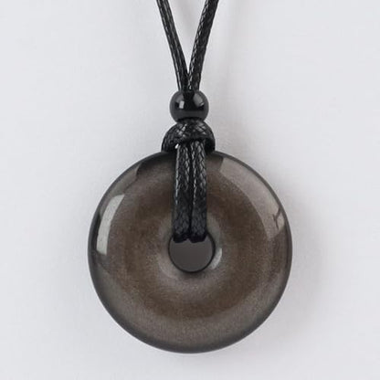 FANASY Natural Gemstone Pendant Necklce Lucky Coin Crystal Necklace Protection Donut Pendnat with Adjustable Rope for Men Women - color: Silvery Sheen Obsidian