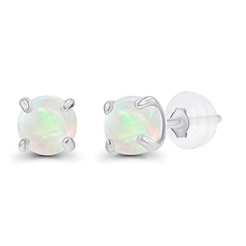 Solid 14K Gold 3mm Round Prong Set Hypoallergenic Genuine Petite Birthstone Stud Earrings - color: Opal Genuine