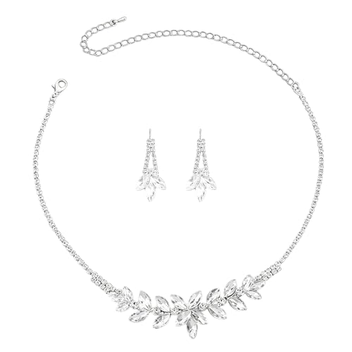 Elegant Rhinestone Flower Bridal Jewelry Set for Women Sparkling Crystal Cubic Zirconia Floral Leaf Adjustable Chain Choker Necklace Drop Dangle Earrings Set Wedding Prom Party Fashion Jewelry