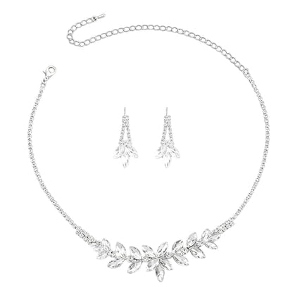 Elegant Rhinestone Flower Bridal Jewelry Set for Women Sparkling Crystal Cubic Zirconia Floral Leaf Adjustable Chain Choker Necklace Drop Dangle Earrings Set Wedding Prom Party Fashion Jewelry