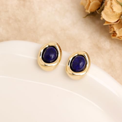 Jean Beau Chunky Gold Stone Stud Earrings for Women, Trendy Natural Gemstone Hypoallergenic Earing Valentine Jewelry Gift - color: Navy Blue