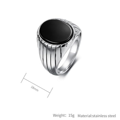Oval Zircon Men's Grooved Signet | Retro Chunky Stainless Steel Geometric Band, Cool Industrial Statement Jewelry for Him, Biker Fashion Accessory - color: Round Silver