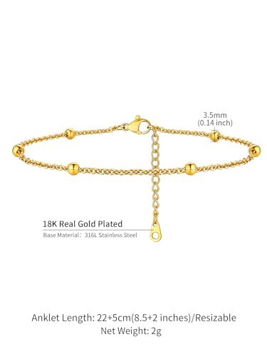 ChainsHouse Ankle Bracelets for Women, Stainless Steel Beaded Chain Ankle Bracelet, Womens Heart Anklets for Summer Beach Jewelry Gifts - color: J: bead-3.5mm-gold plated