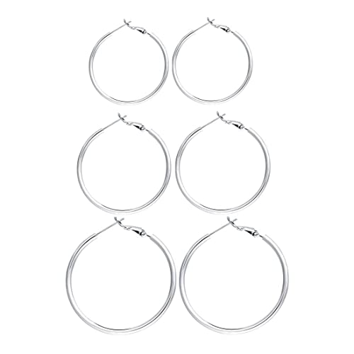 3 Pairs Sterling Silver Large Hoop Earrings Set for Women 40 50 60MM | 14K White Gold Plated, Hypoallergenic - style: G:Silver 60mm 70mm 100mm