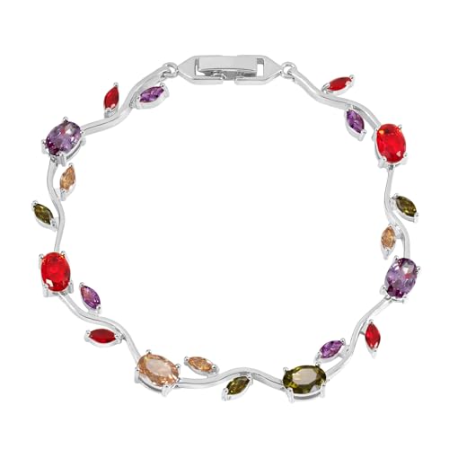 Tulip Flower Bracelet for Women 14K Gold Plated Stainless Steel with Colorful Cubic Zircon Dainty Cute Pink Rose Floral Jewelry Gift for Her Crystal Flower Leaf Bracelets -7.5inch/190mm - color: Mulity White Gold