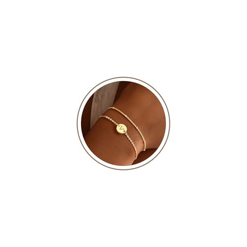 Gold Initial Bracelets for Women Girls Jewelry Gifts - Dainty 14K Gold Plated Layered Beaded Letter Bracelet 26 Alphabet Disc Monogram Initial Bracelets Birthday Gifts for Women Girls Teens - style: V