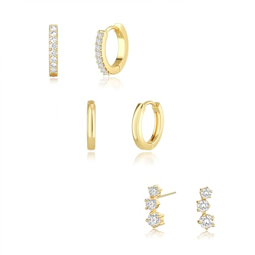 Freekiss 3 Pairs Hoop Earrings Set - Dainty Stud Dangle Cartilage for Women | Hypoallergenic Earrings, Cubic Zirconia Stackable Trendy Small Set Jewelry Gifts for Women - style: 3CZ rounded stud earrings-GD