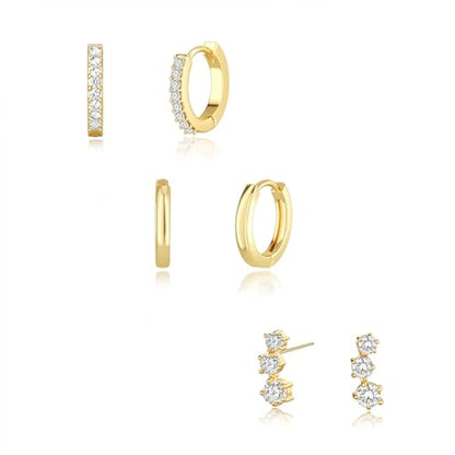 Freekiss 3 Pairs Hoop Earrings Set - Dainty Stud Dangle Cartilage for Women | Hypoallergenic Earrings, Cubic Zirconia Stackable Trendy Small Set Jewelry Gifts for Women - style: 3CZ rounded stud earrings-GD