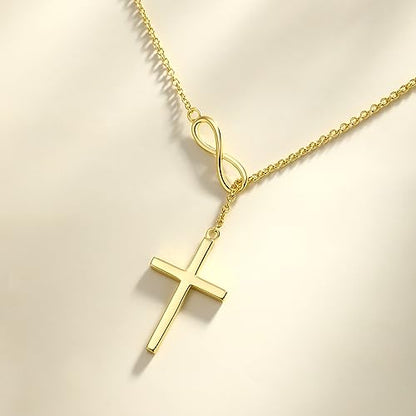 FANCIME White Gold Plated 925 Sterling Silver High Polished Infinity Cross Pendant Lariat Necklace Y Necklace Gift for Women, 18" - color: Y cross-gold