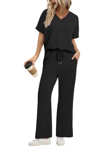 Sampeel Lounge Sets for Women V Neck Turn-UP Sleeves Tops Wide Leg Pants 2 Piece Sets Oversized Summer Vacation Outfits 2026 - color: Black, size: Large