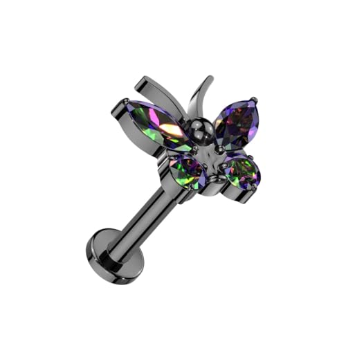Pierced Owl 16GA ASTM F-136 Implant Grade Titanium Internally Threaded CZ Crystal Butterfly Flat Back Stud - style: Black/Vitrail Medium