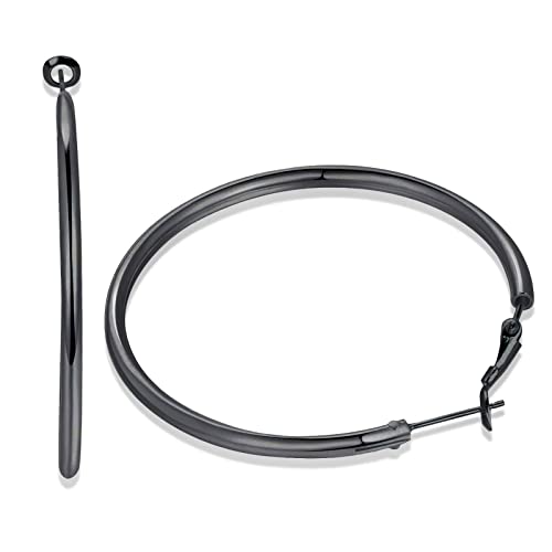 3 Pairs Sterling Silver Large Hoop Earrings Set for Women 40 50 60MM | 14K White Gold Plated, Hypoallergenic - style: D:Black 40mm 50mm 60mm