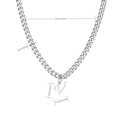 Stainless Steel Initial A-Z Necklace for Men Women,Cuban Chain,Titanium Steel Initial Letter Pendant Charm Necklaces Accessories Jewelry for Woman Man,21 Inch Chain - color: V