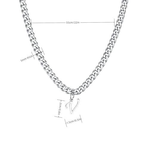 Stainless Steel Initial A-Z Necklace for Men Women,Cuban Chain,Titanium Steel Initial Letter Pendant Charm Necklaces Accessories Jewelry for Woman Man,21 Inch Chain - color: V
