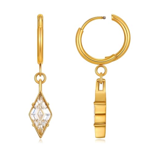 Hoop Earrings for Women, Stainless Steel Red Earrings, Hypoallergenic Trendy Cartilage Earrings for Lobe, Rhombus, Cubic Zirconia - color: 18K Gold Plated