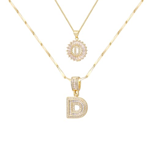 2PCS Initial Necklaces for Women, 14K Gold Plated Letter Pendant Set | Trendy Layered Bling Style, Meaningful Letter & Round CZ Pendant Design - color: Gold, style: Letter D