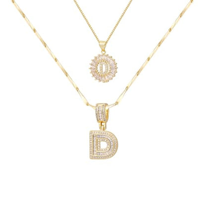 2PCS Initial Necklaces for Women, 14K Gold Plated Letter Pendant Set | Trendy Layered Bling Style, Meaningful Letter & Round CZ Pendant Design - color: Gold, style: Letter D