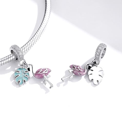 BISAER 925 Sterling Silver Charms for Bracelets Cat Dog Sloth Animal Beads Butterfly Fairy Heart Dangle Pendant Charms - color: Flamingo